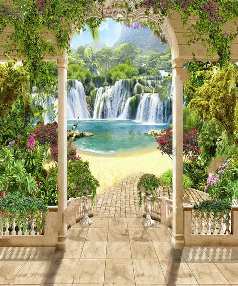 Mural Lovely Terrace Waterfall Sea Flowers Arches background  High quality Computer print wedding backdrops