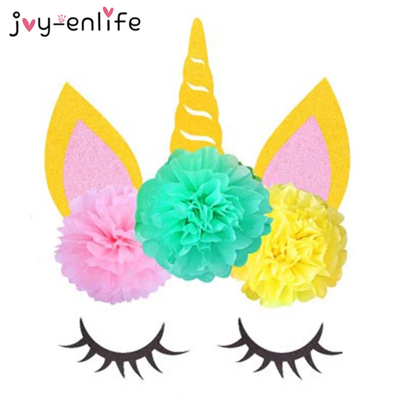 Birthday Unicorn Party Decor DIY Unicorn Horn Eyelashes Ear Wall Sticker 20cm Paper Pom Poms Baby Shower Party Backdrop Supplies