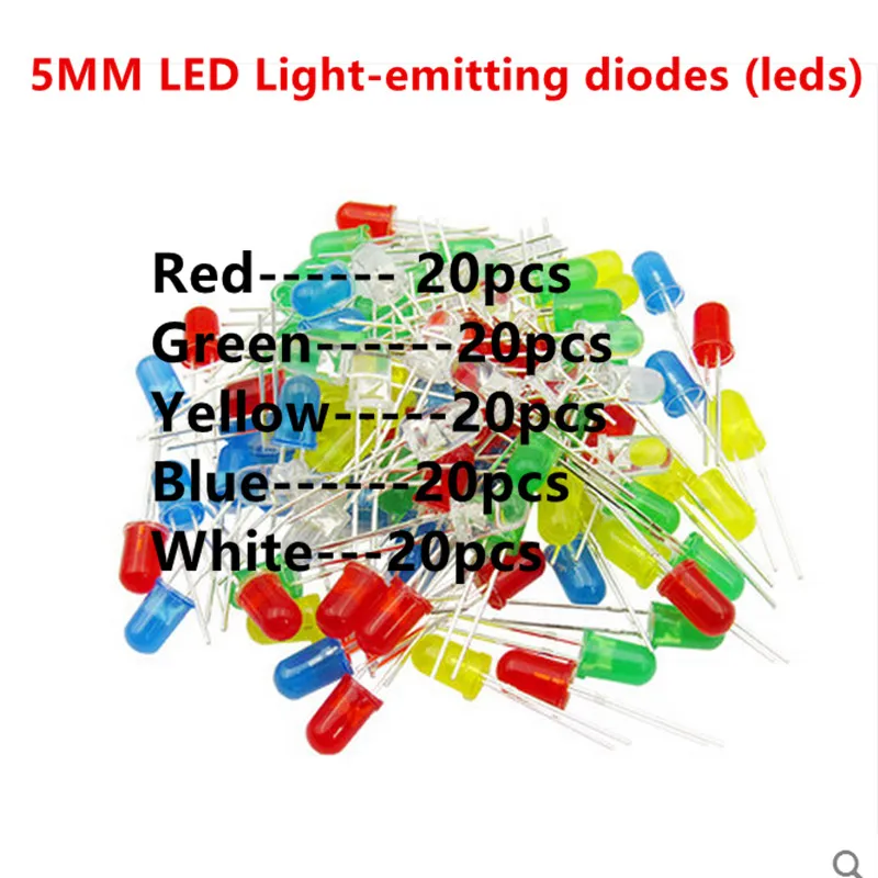 5Colors*20PCS=100pcs F5 5MM Round LED Assortment Kit Ultra Bright Water Clear Green/Yellow/Blue/White/Red Light Emitting Diode