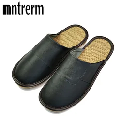 Mntrer 2024 Genuine Leather Men's Spring And Autumn Slippers Linen Bottom Home Slippers Men Indoor Flat Slippers Basic Slides