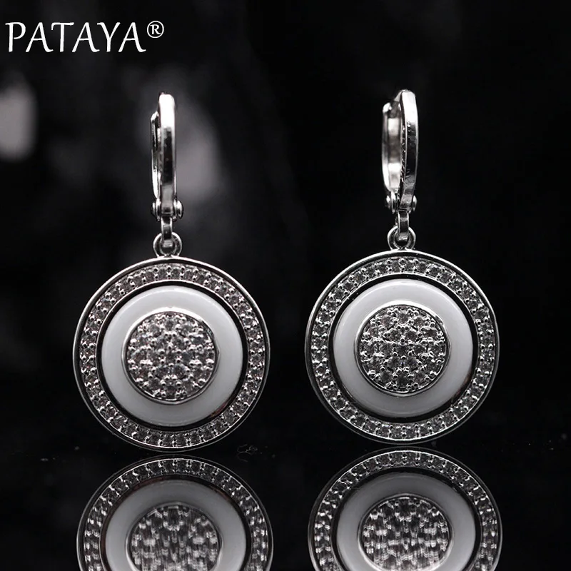 PATAYA New True White Gold Round Natural Zircon Black Ceramic Long Dangle Earrings 585 Rose Gold Color Women Wedding Jewelry