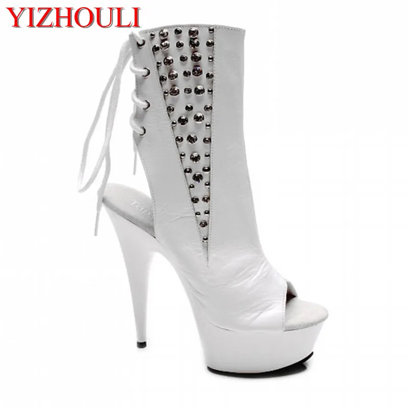 

15cm Women's knee boots, open-toe and women's motorcycle banquet dance shoes, rivet decoration