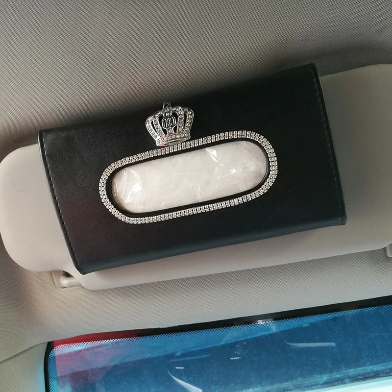 Universal Leather Car Tissue Holder Rhinestone Crown Car Sun Visor Type Napkins Paper Tissue Box Organizer Car Accessories