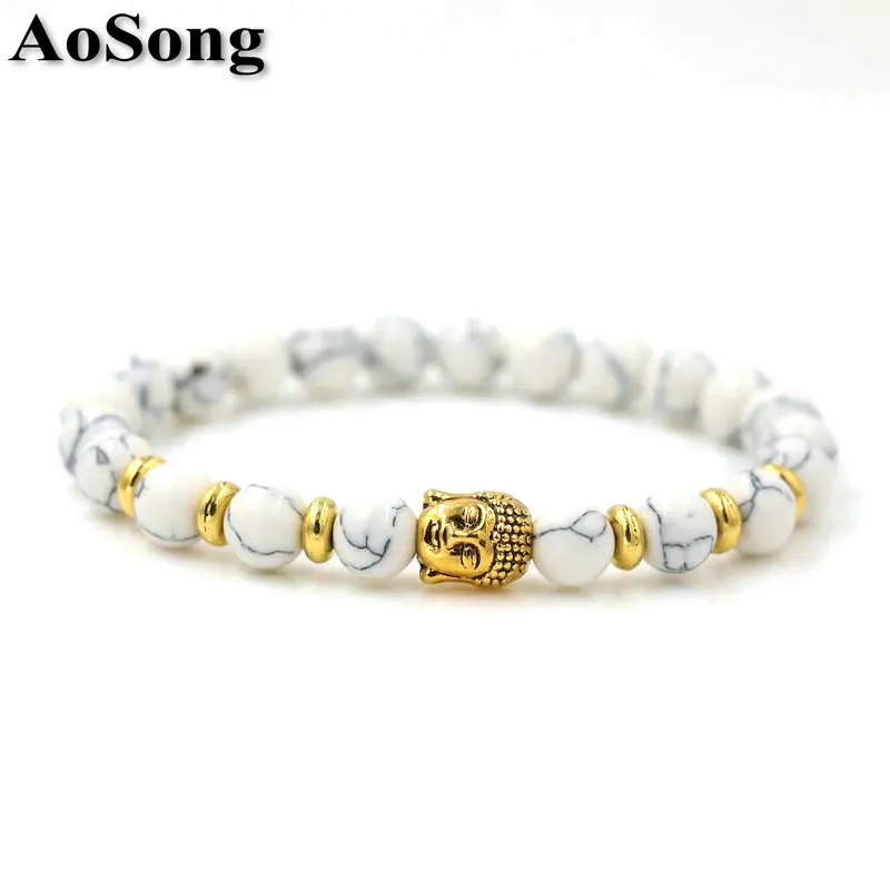 BPPCCR Jewelry White beads Stone 8mm Men Women Amulet Gold Color Buddha statue Head Yoga Chakra Bracelets mujer pulseras