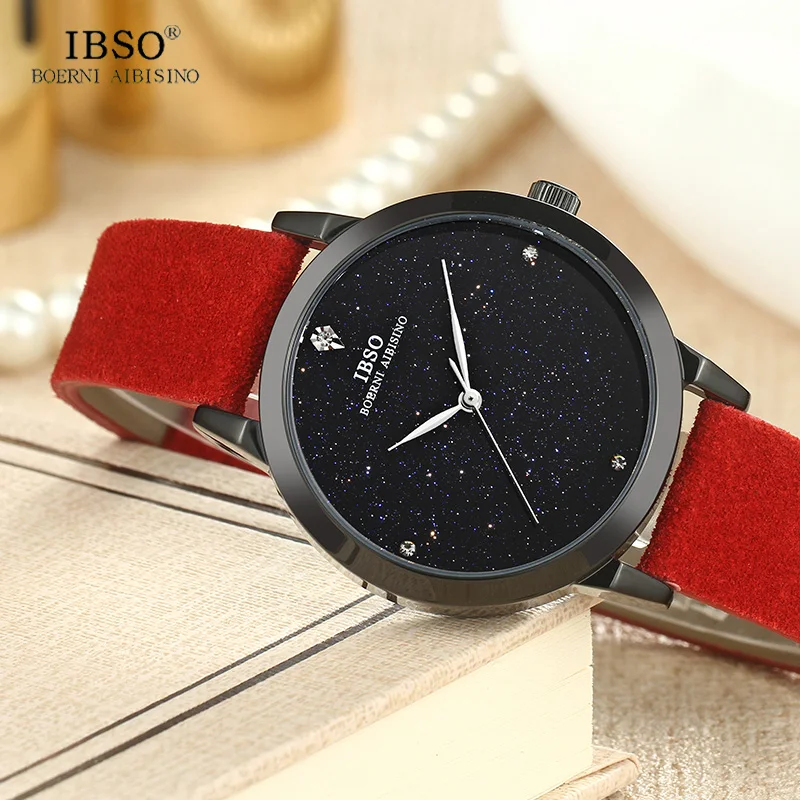 IBSO New Brand Fashion Starry Sky Women Watches 2018 Genuine Leather Strap Quartz Watch Women Casual Galaxy Ladies Watch