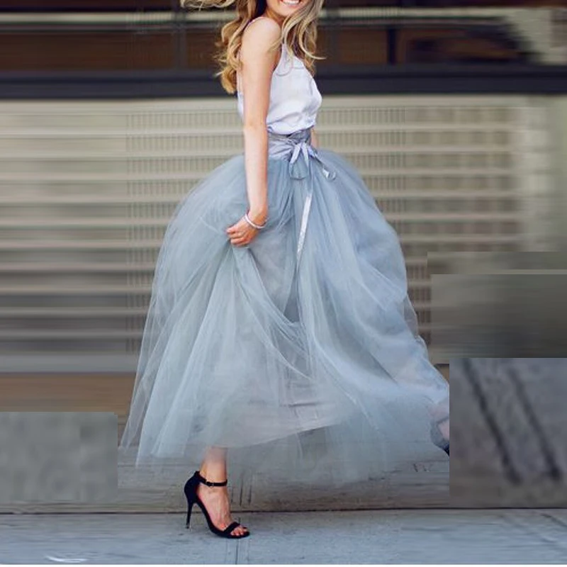 

Fashion Maxi Skirts Tulle Girls Long Tutu Skirt Puffy Multi Layers A Line S-5XL Trendy Faldas Smoky Gray Skirt With Ribbon