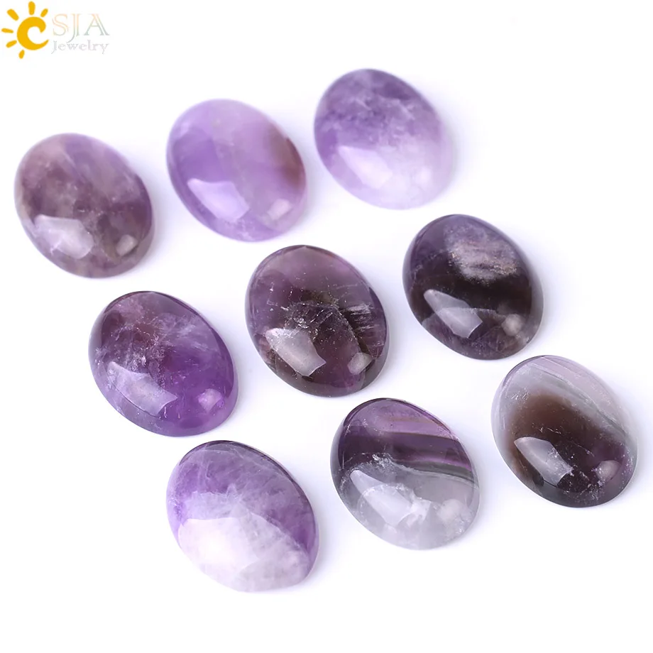 CSJA 1PC Natural Stone Purple Crystal Beads 4 Sizes for Choice Oval Quartz Reiki Accessories Fit DIY Rings Bracelet Pendant F506