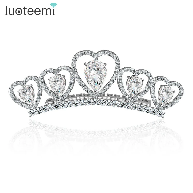 LUOTEEMI White Gold-Color Cubic Zirconia Luxury Bridal Heart Tiara For Wedding Promotion Crown Hair Accessories Fancy Jewelry