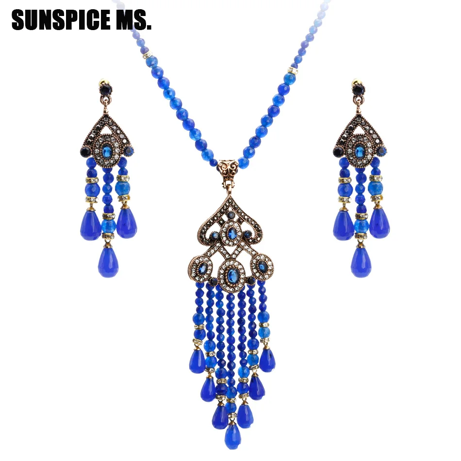 Bohemia Natural Stone Bead Wedding Jewelry Sets Antique Gold Color Long Tassel Drop Earrings Flower Pendant Necklace Turkish New