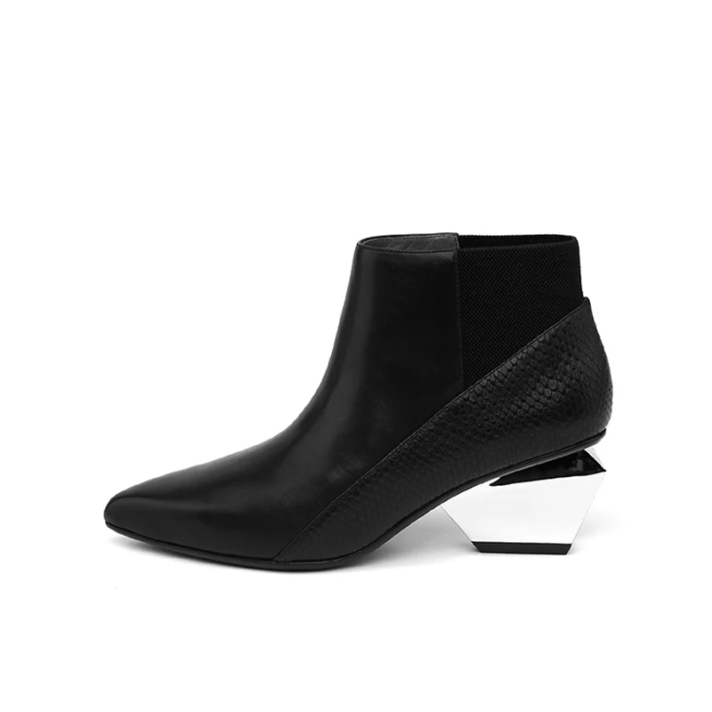 Chelsea Boots Black Red Autumn Boots For Women Genuine Leather Pointed Toe Mixed Color Chunky Heel Ankle Boots HL122 MUYISEXI