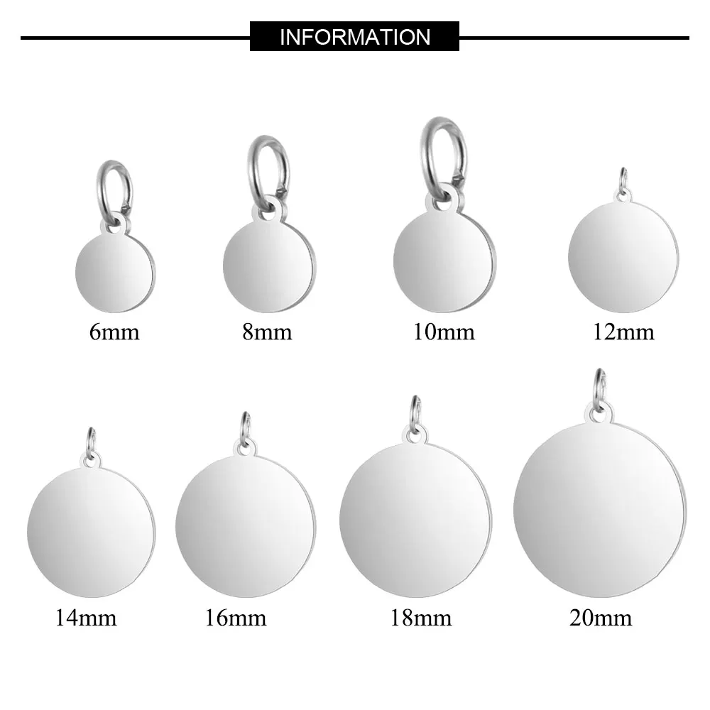10pcs/lot 316 Stainless Steel Mirror Polished 6-20mm Disc Round Tag Pendant for Bracelet Necklace DIY Jewelry Charm