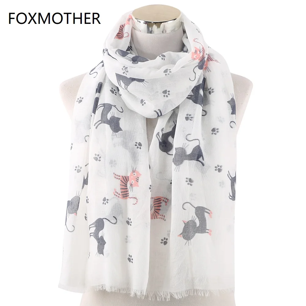 

FOXMOTHER New Women Cat Scarf Foulard Femme Animal Print Wrap Bandana Bufanda Mujer Cat Paw Print Scarves Dropshipping 2019