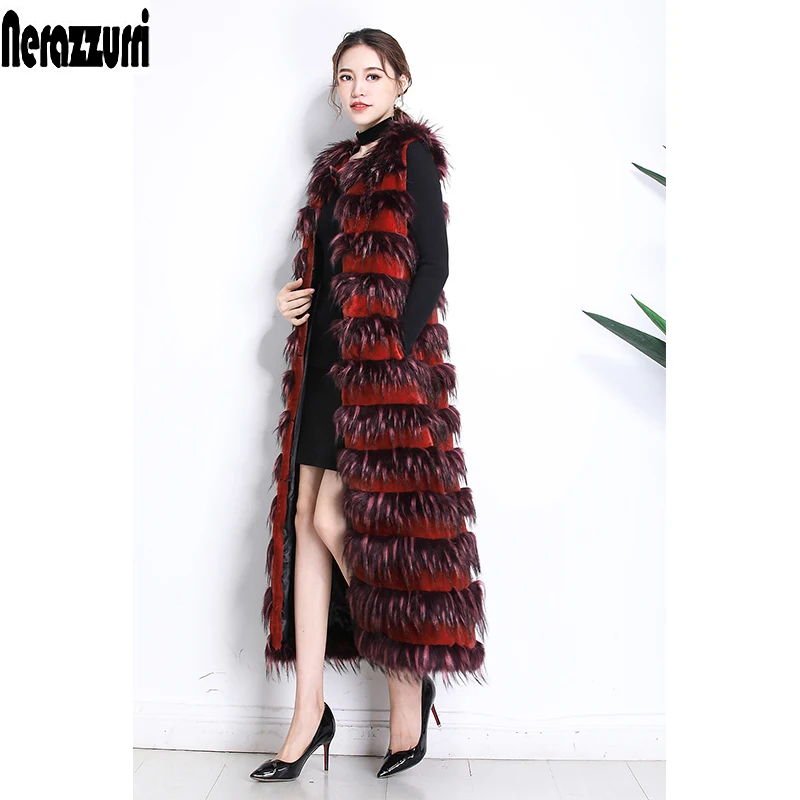 

Nerazzurri Winter Long Shaggy Warm Thick Patchwork Faux Fur Vest Women Elegant Striped Furry Waistcoat Sleeveless Jacket 2021