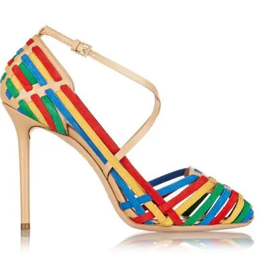 Estate moda arcobaleno cinghie intrecciate donne sandali punta a punta tacchi alti unici signore Sexy scarpe eleganti colorate partito Stiletto