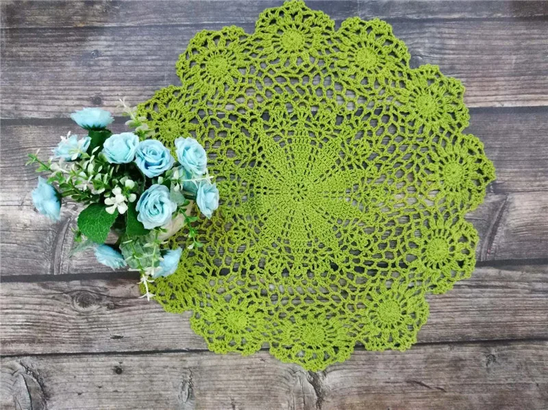 40CM Round Pastoral Green Cotton Fabric Flowers Crochet Placemat Tea Cup Table Cloth Coaster Christmas Wedding Banquet Decor Pad