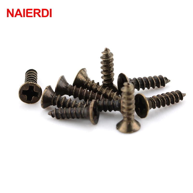 200PCS NAIERDI 2x6/8/10mm Screws Bronze Tone M2 Flat Round Head Fit Hinges Countersunk Self-Tapping Screws Wood Hardware Tool