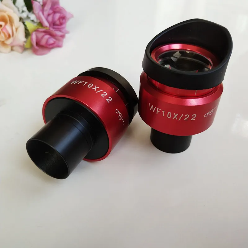 WF10X 22mm Red Shell Adjustable High Eyepoint Biological Microscope Eyepiece Lens 23.2mm with Hood Eyeshade Eye Caps