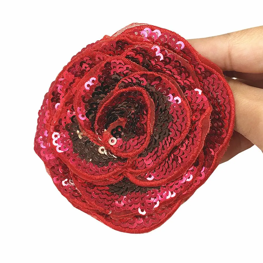 6pc 3D Rose paillettes Patch fiore rosso Applique fiori di perline cucire su toppe per abbigliamento Jeans vestiti Appliques Parches AC1106