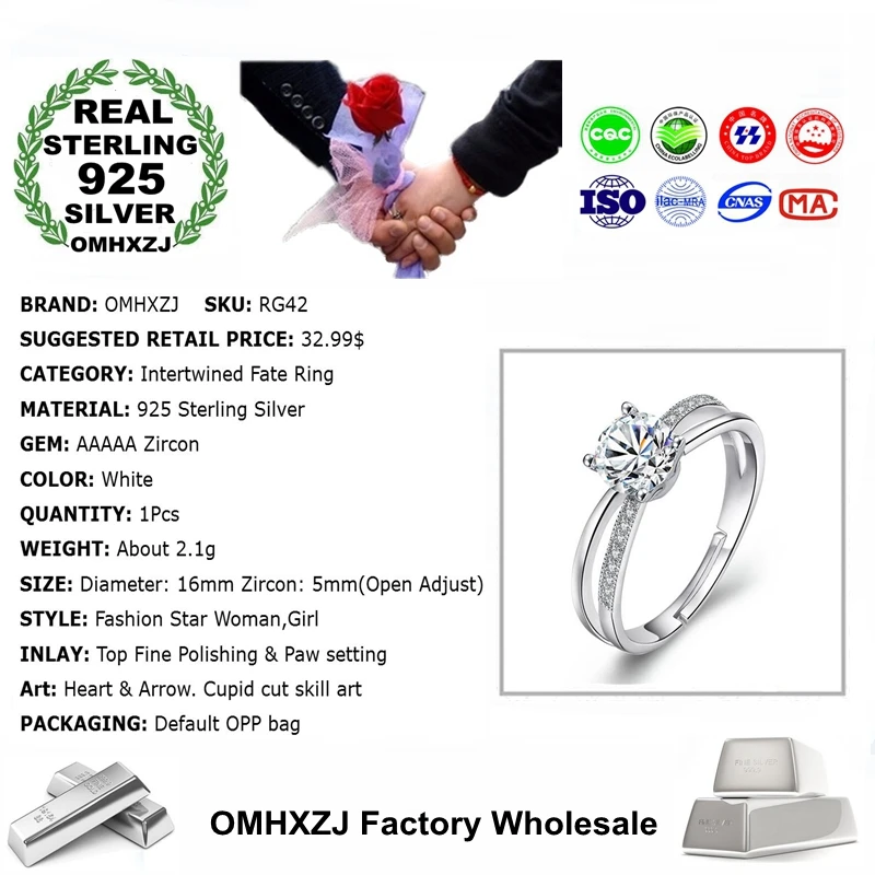 OMHXZJ Wholesale Simple Fashion Trends Intertwined Fate OL Gift 925 Sterling Silver Female For Woman Girl Resizable Ring RG42