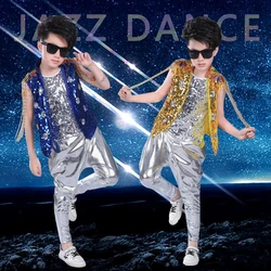 Boys Girls Sequined Hip Hop Costumes Jazz Ballroom Tap Dancing Tops + Pants Children Dance Stage Wear Kids Party Dancewear