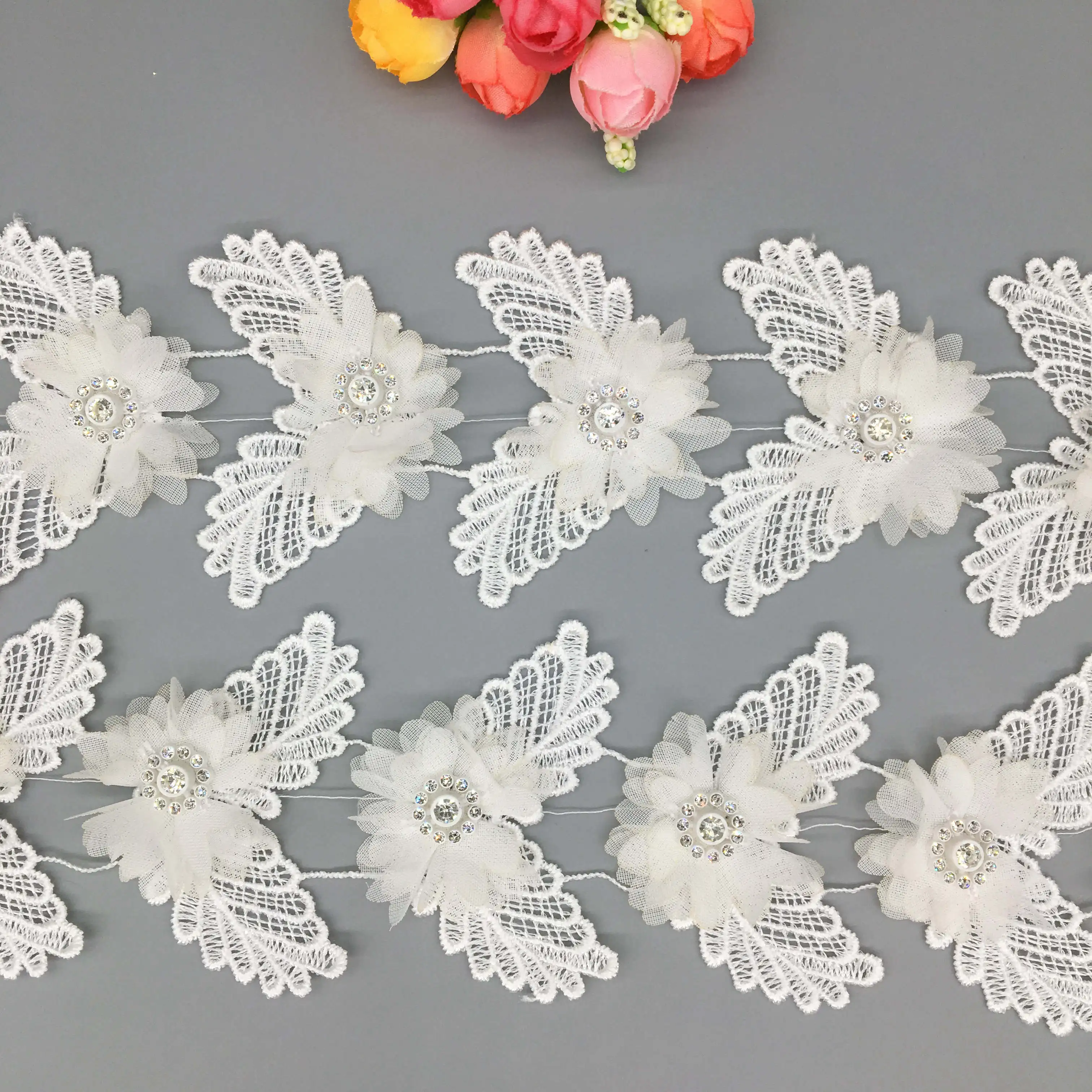 1 Yard Chiffon Diamond Flower Butterfly Lace Trim Ribbon Fabric Handmade Embroidered Applique Wedding Dress Sewing Craft Decor 5