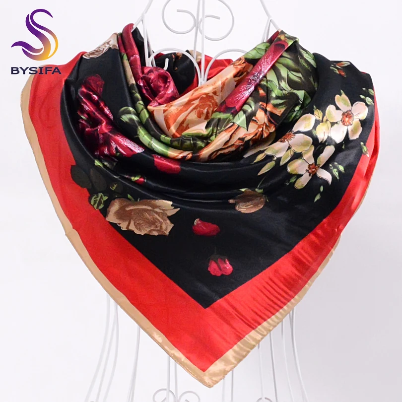 [BYSIFA] China Roese Large Square Scarves For Spring Autumn 2017 New Design Red Black Flowers Silk Scarf Brand Muslim Head Scarf