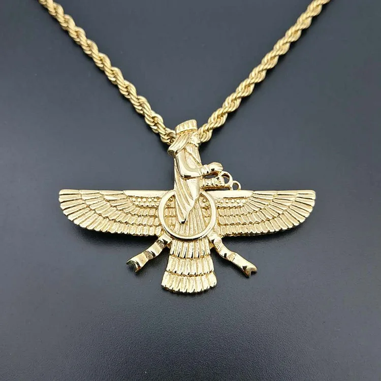 Hip Hop Paved Faravahar Ahura Mazda Zoroastrian Pendant Necklace Gold color 316L Stainless Steel Men Jewelry