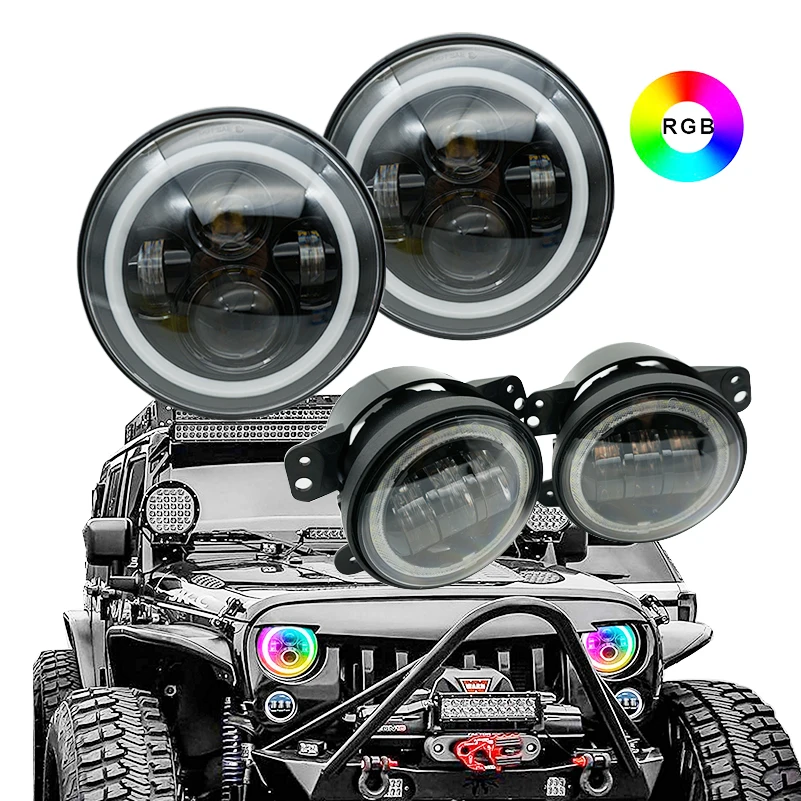 

1 set 7 inch LED RGB Headlight DRL w/ Turn Signal 4 inch fog light for 97-17 Jeep Wrangler JK TJ & Wrangler Unlimited.