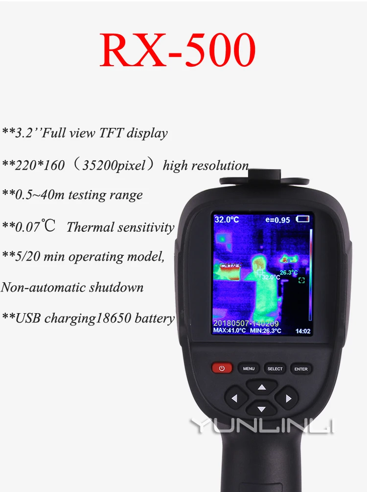 Handheld Infrared Camera Thermometer 0.5~40m With High Resolution Color Screen & Rechargeable Lithium Battery Thermometer RX-500