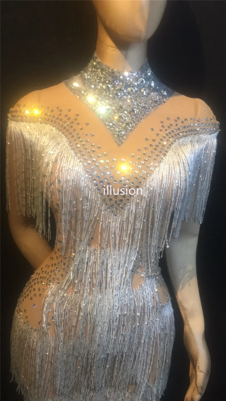 Fashion Rhinestones Fringes Dress Women Evening Birthday Celebrate Tassel Party Dresses Nightclub Stage female Singer Long Dress