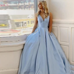 Sky Blue Satin Prom Dresses 2024 Simple Women V Neck Pockets Beaded Pearl A Line Evening Formal Gowns Pleats WALK BESIDE YOU