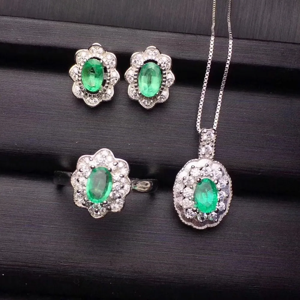 

Emerald jewelry set Natural and Real Emerald 925 sterling silver 1pc pendant,1pc ring ,2pcs Earring