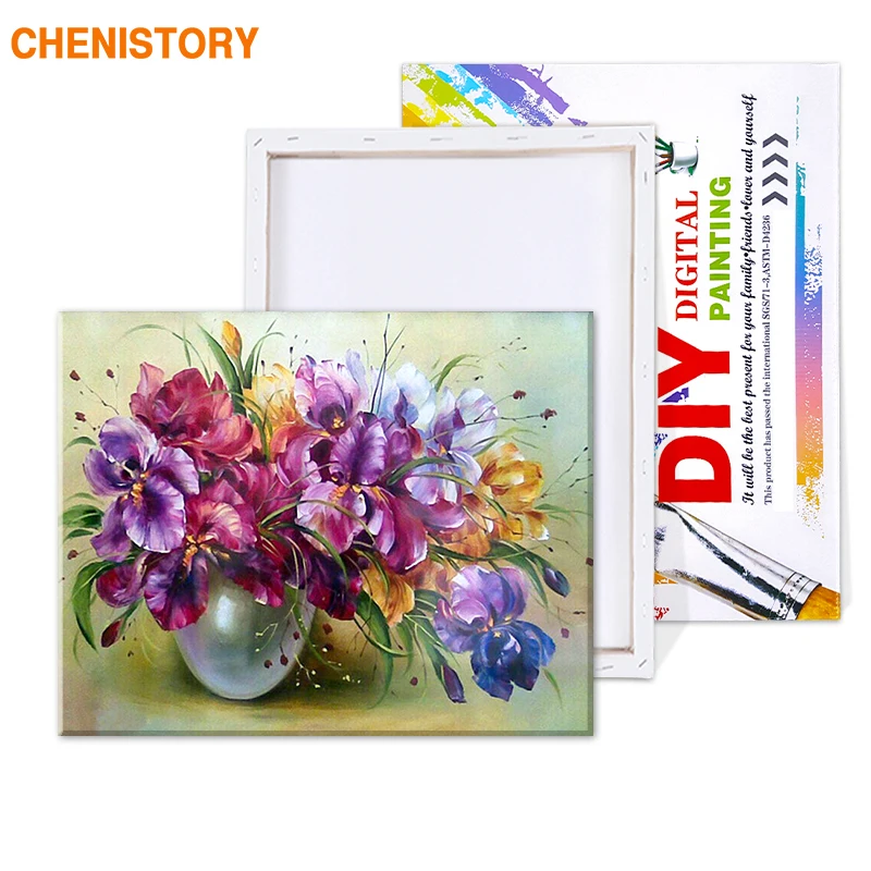 CHENISTORY-لوحة بأرقام زهور أرجوانية بدون إطار ، لوحة جدارية حديثة مرسومة يدويًا للديكور المنزلي