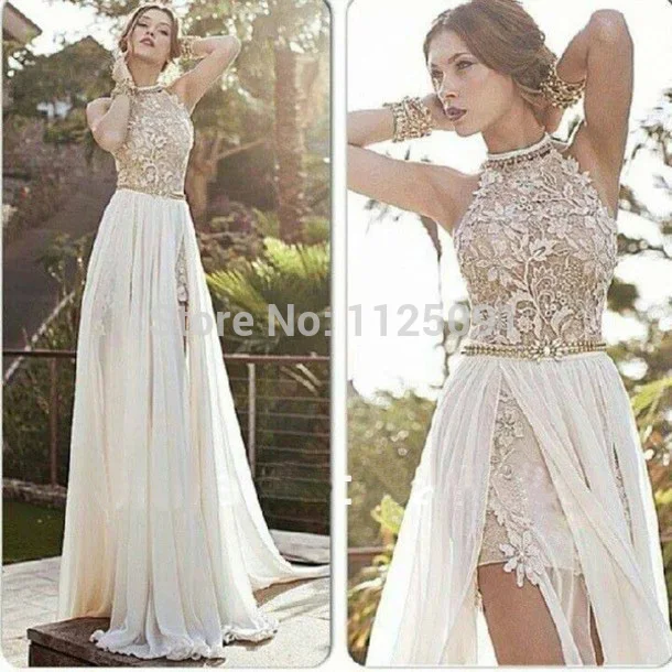 New Arrival Sexy White Chiffon Beaded Appliques Lace Wedding Dress Long Halter Side Slit Spring Bridal Gowns Fast Delivery