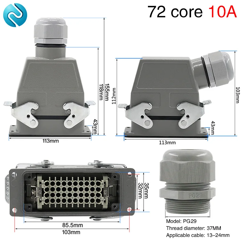 Rectangular Heavy Duty Connector HDC-HD-072 72 Core Pins Waterproof Aviation Industrial Machine Tool Plug Socket 10A 250V