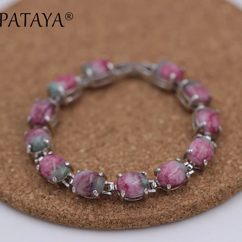 

PATAYA New Arrivals Women Wedding Oval Colorful Flower Stone Bracelets Platinum Color Link Bracelets RU Hot Fine Jewelry 16cm