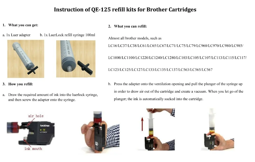 INK WAY For Brother LC11 LC16 LC38 LC61 LC65 LC67 LC980 LC990 LC1100 LC39 LC985 LC975 LC12 ink cartridge refill tool kit