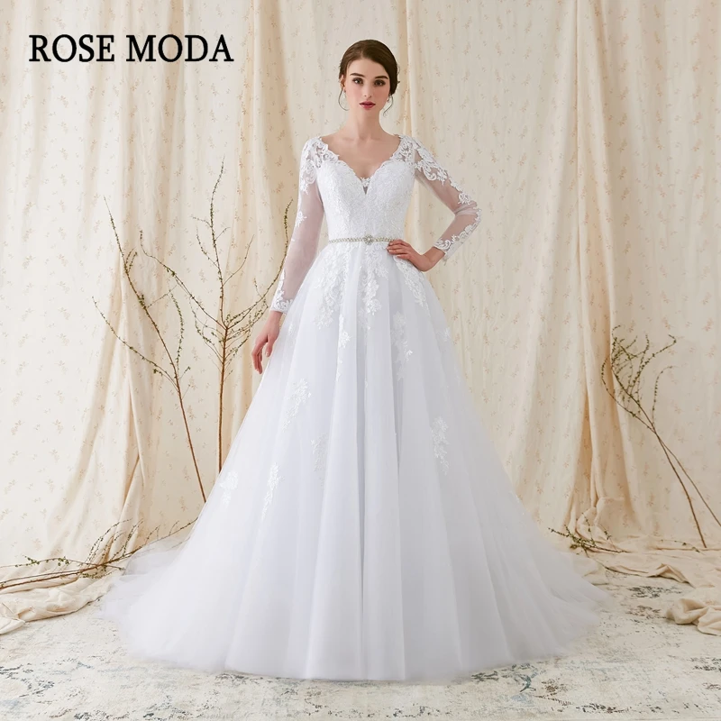 

Rose Moda Long Sleeves V Neck White Lace Wedding Dress Real Photos