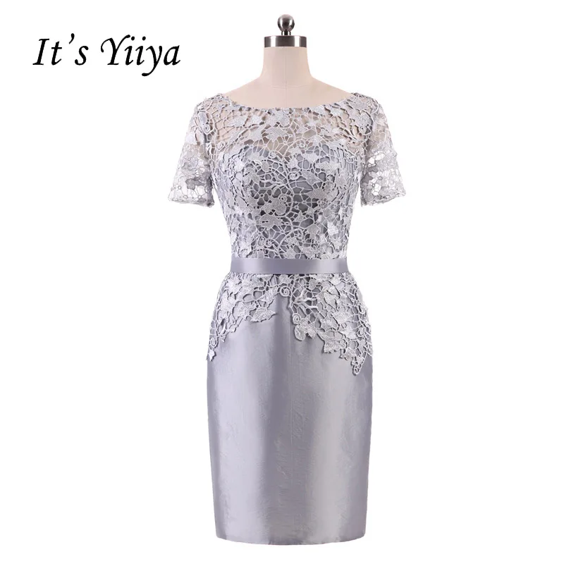 

It's YiiYa Gray Illusion Flowers Short Sleeves Lace Zipper Straight Cocktail Dresses Knee Length Formal Dress Party Gown 7552