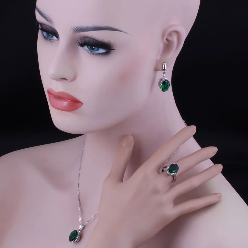 Pretty Big Oval Green Cubic Zirconia Silver Plated Jewelry Sets Earrings Pendant Nacklace Chain Ring V0262