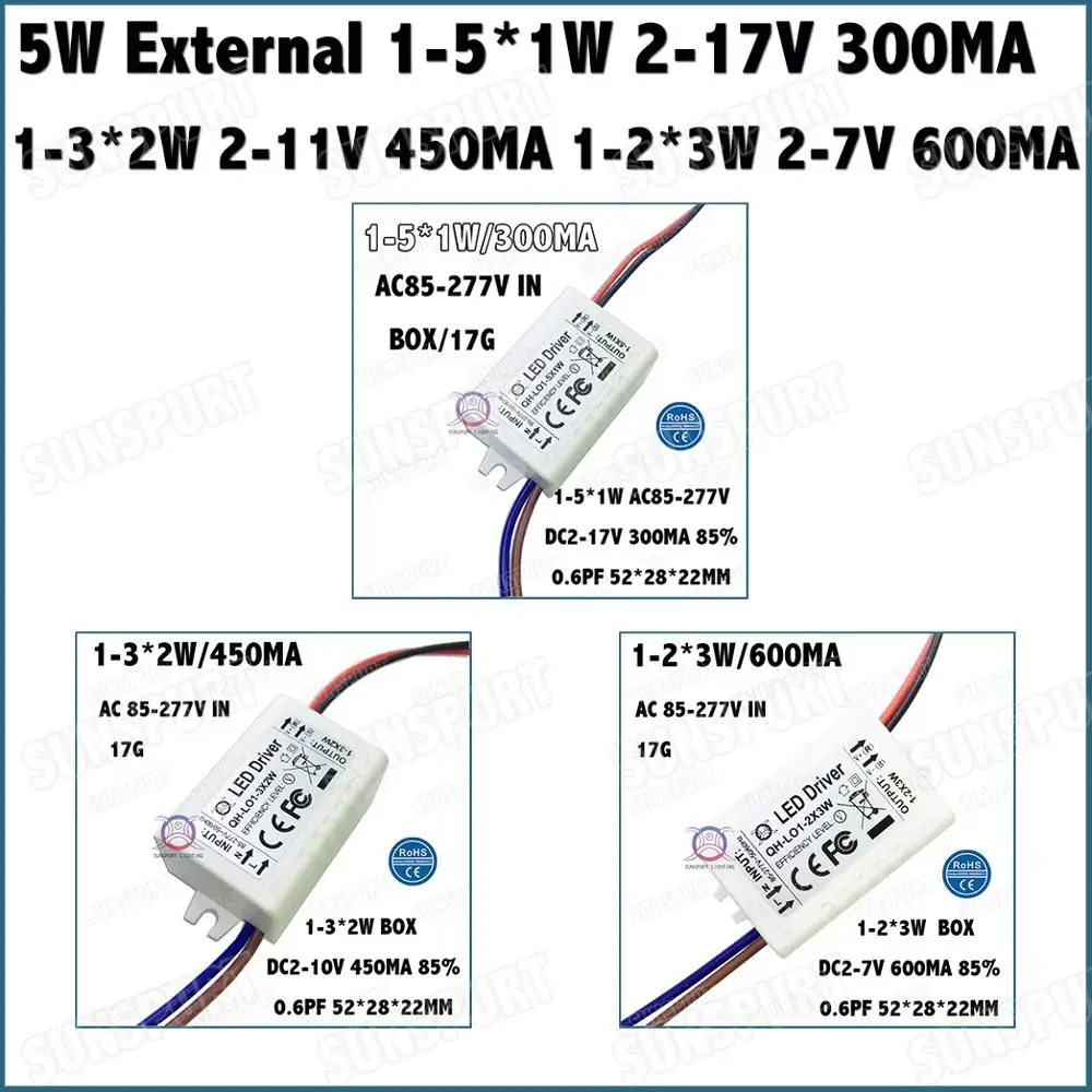 5-100Pieces Inside External IP67 5W AC85-277V LED Driver 1-5*1W 1-3*2W 1-2*3W 300-600MA DC2-17V Constant Current Free Shipping