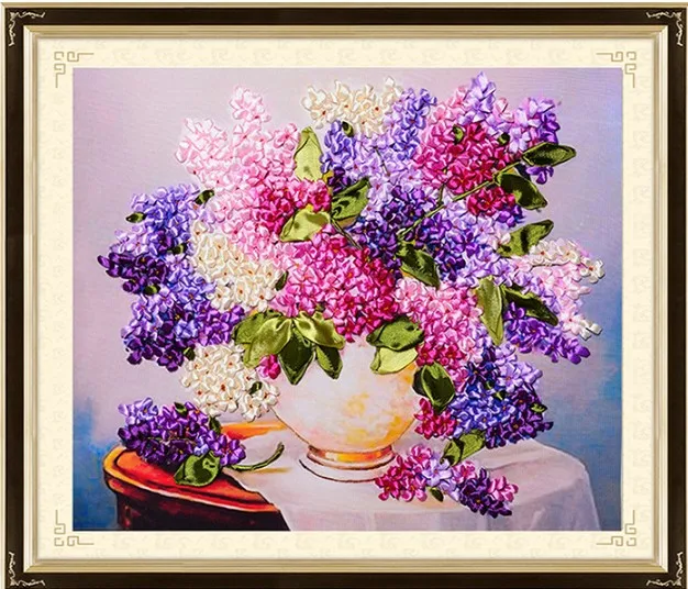 45x50cm 3D flower vase Ribbon embroidery painting set floral kits handcraft cross-stitch DIY handmade needlework wall art decor