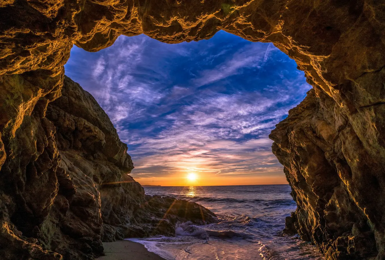 

Beach Cave Malibu California Sunrise Sea backdrops High quality Computer print wedding photo studio background