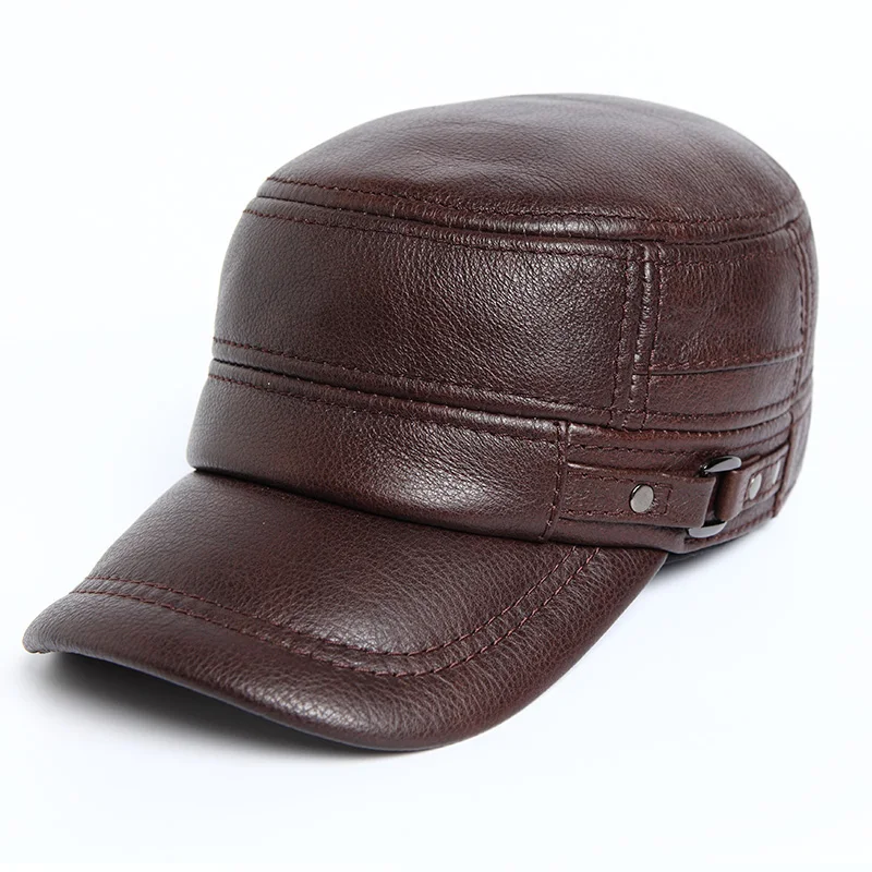 

HARPPIHOP Genuine Leather Flat Peak military Cap Hip Hop Hats men's caps winter warm