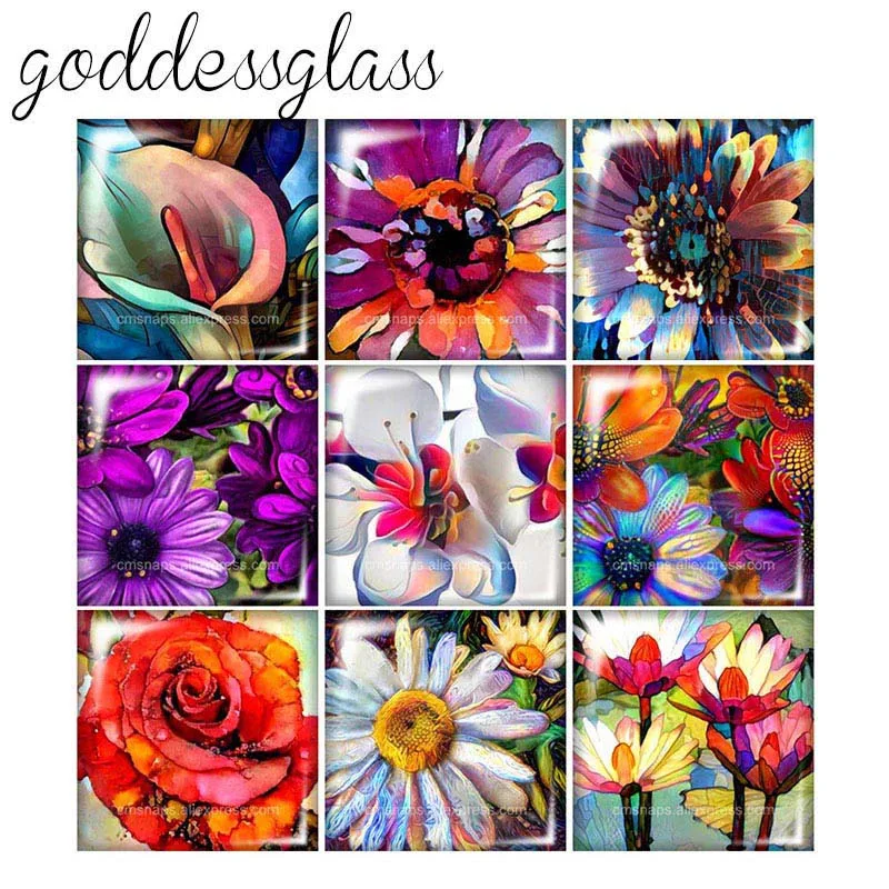 FB0316 Oil paintings Flowers daisy  10pcs mixed 12mm/20mm/25mm/30mm Square photo glass cabochon demo flat back Making findings