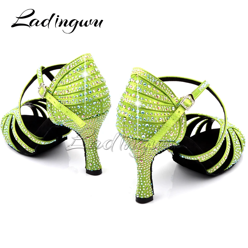 Ladingwu Light Green Satin Latin Dance Shoes Women Profession Salsa Dance Shoes Women Ballroom Dance Sandals Rhinestone Shoes