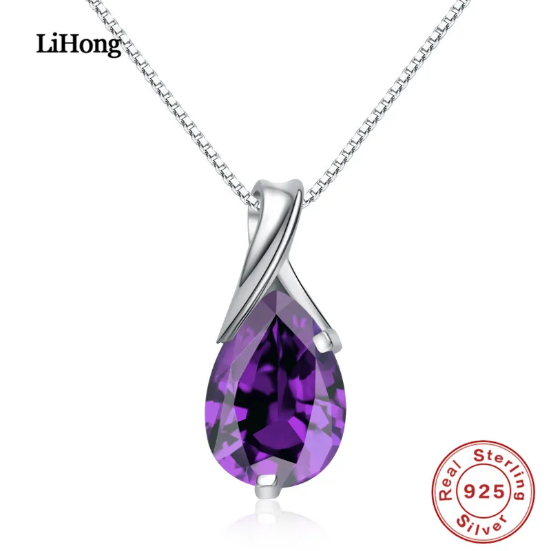 100%925 Sterling Silver Necklace Austria Amethyst Pendant Silver Chain For Women High Jewelry