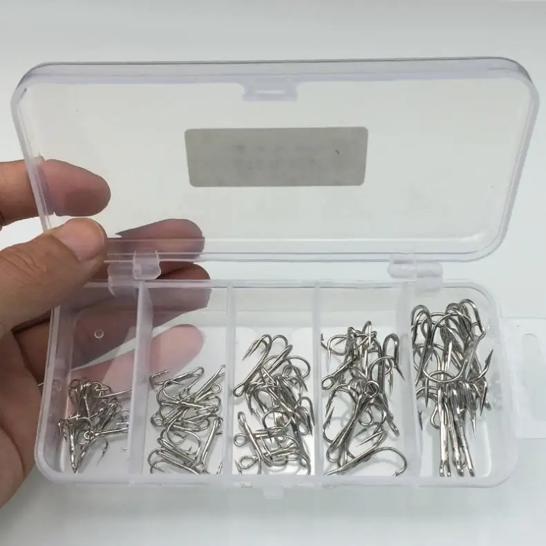 50pcs Treble Fishing Hooks Set High Carbon Steel Barbed Triple Fishhooks Size 2 4 6 8 10 Silver Accessories with Fishing Box