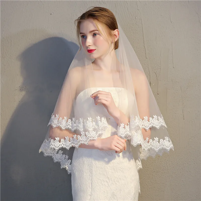 JaneVini Vintage Ivory Tulle Short Bridal Veils Two Layer Elbow Length Veil Bride Veil Lace Appliques Edge With Comb Velos Novia