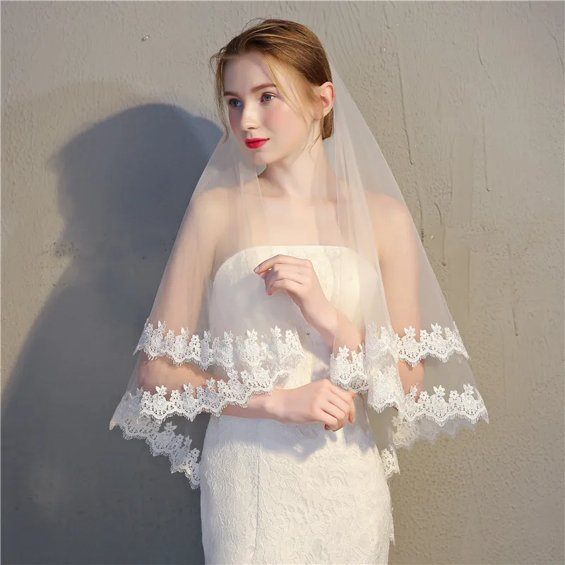 JaneVini Vintage Ivory Tulle สั้นเจ้าสาว 2 ชั้นความยาวข้อศอกเจ้าสาว Veil ลูกไม้ Appliques ขอบหวี Velos novia